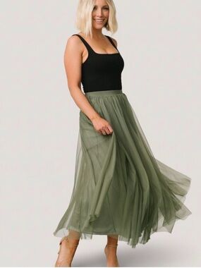 Baltic born Olive Green Tulle Maxi Skirt - Women's Flowing Skirt
